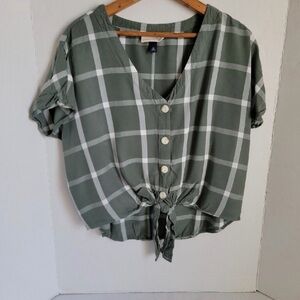 Olive Plaid Button-Down Blouse